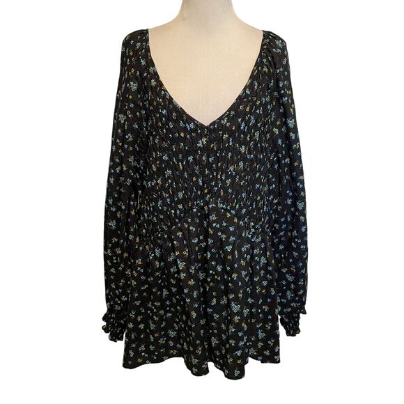 Ava & Viv Smocked Top Women's Size 2X Black Floral V-Neck Balloon Sleeves Cotton - Picture 2 of 10